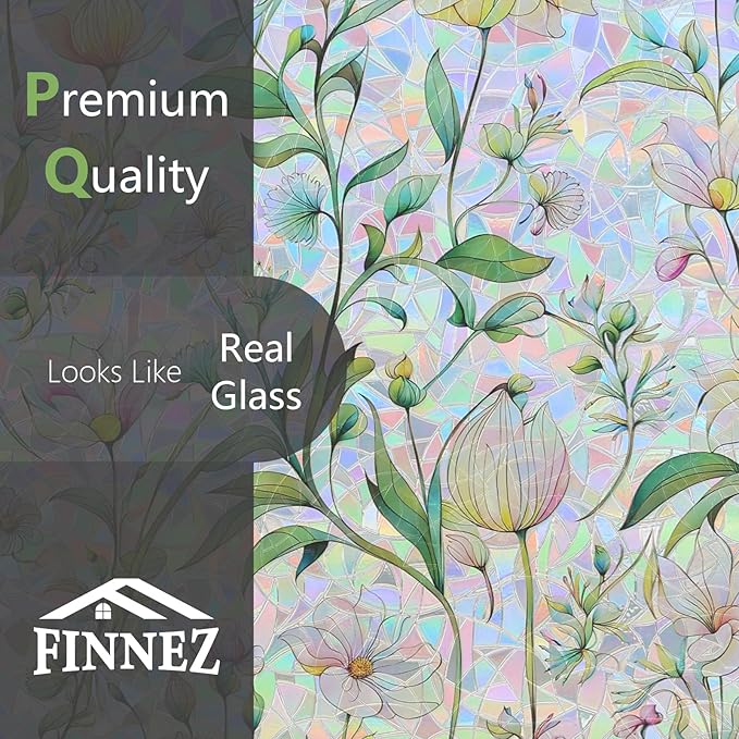 FINNEZ Window Privacy Film Stain Glass Film Flowers Rainbow Window Film Window Clings Non-Adhesive Reusable Decorative for Home(Forest Rainbow,35.4 Inch x 13.1 Feet)
