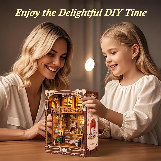3D Wood Puzzle Book Nook Kit, Caramel Dream Cat Café Bookshelf Insert with LED Lights, DIY Miniature Bookend Décor for Display, Cozy Craft Gift for Cat Lovers and Teens (Caramel Dream)