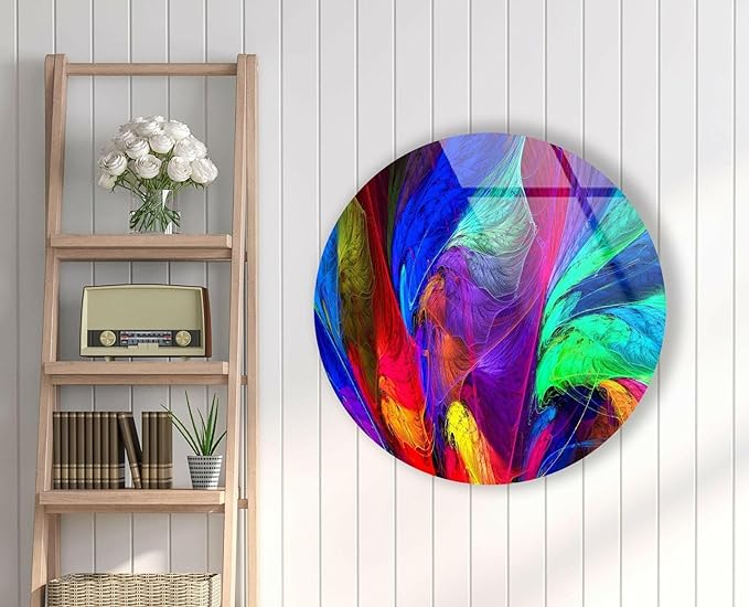 My Photostation.com 15.8''(40cm) Diameter Neon Colors Abstract Round Glass Wall Art Tempered Glass Printing Wall Decor Large Wall Art Wall Hangings