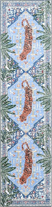 Oriental Tropical Hallway Runner Rug 2x6 Washable, Thin Stain Resistant Blue Boho Runner Rug for Entryway Kitchen Bedroom Laundry, Vintage Abstract Hippie Indian Botanical Long Floor Carpet