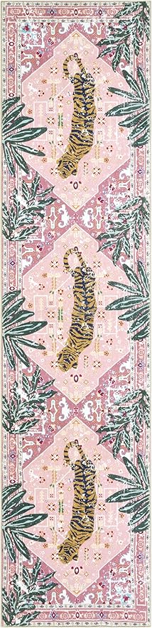 Oriental Tropical Hallway Runner Rug 2x8 Washable, Thin Stain Resistant Pink Boho Runner Rug for Entryway Kitchen Bedroom Laundry, Vintage Abstract Hippie Indian Botanical Long Floor Carpet