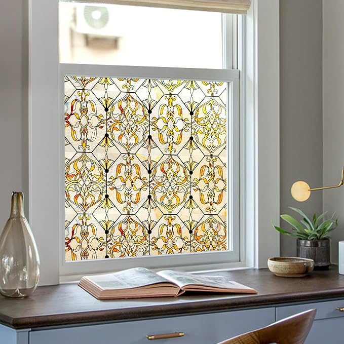 3D Stained Glass Window Privacy Film, Heat Control UV Blocking Static Cling Decorative Window Film for Bathroom,Front Door,Home Non Adhesive,GiltGaze 35.4 x 78.7 inches