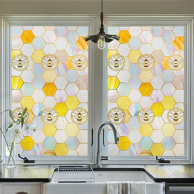3D Stained Glass Window Privacy Film, Heat Control UV Blocking Static Cling Decorative Window Film for Bathroom,Front Door,Home Non Adhesive,16.9 x 78.7 inches Honey