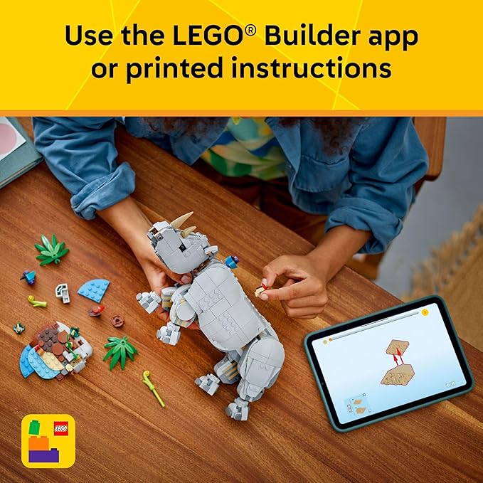 LEGO Creator 3 in 1 Wild Animals: Majestic Rhino with Birds Pretend Play Toy for Kids - Safari Toy Building Set for Girls & Boys, Ages 9+ - Build 3 Animals in 1 Kit - Gift for Birthdays - 31171