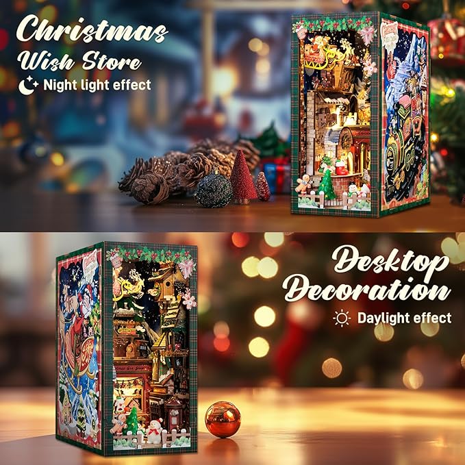CUTEBEE Christmas Book Nook Kit - DIY Miniature House Dollhouse Kit for Adults, Teens, Booknook Tiny House Bookshelf Decor 3D Wooden Puzzle, Gifts for Family, Friends (Christmas Wish Store)