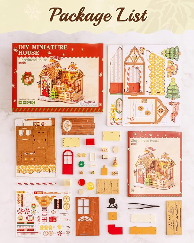 ROBOTIME DIY Miniature House Kit, Tiny House Book Nook for Family and Friends, Mini Wooden Dollhouse Kit for Halloween/Christmas/Birthday Gifts(Gingerbread House)