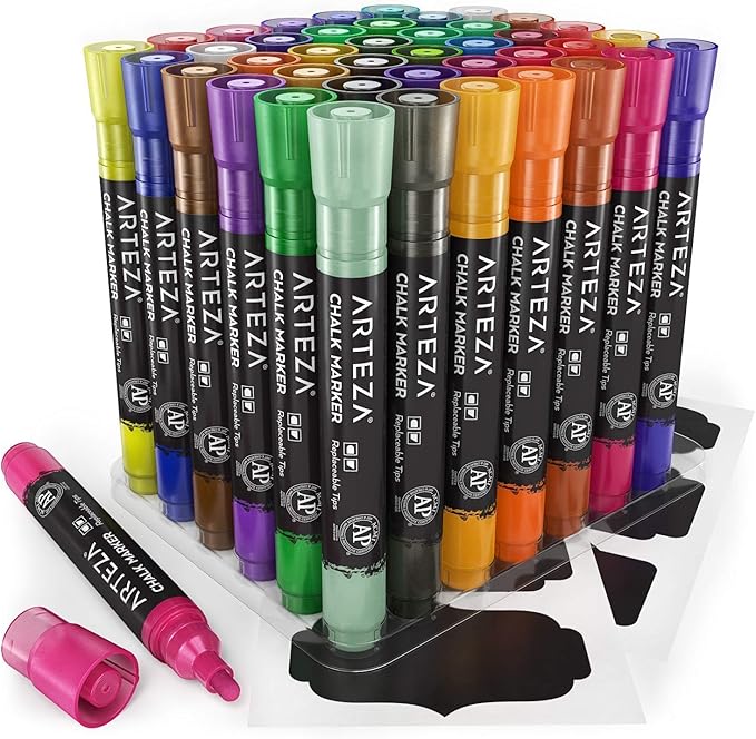 ARTEZA Liquid Chalk Markers, 42 Colors Pack with 50 Chalkboard Labels, Fine Tip Chalk Pens for Blackboard, Whiteboard, Windows, Mirrors, Glass