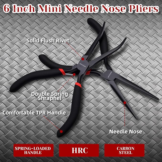 WISEUP 6" Mini Needle Nose Pliers Set,2-Piece Small Long Reach Bent Needle Nose Pliers for Jewelry DIY Craft,Repair & Wire Wrapping
