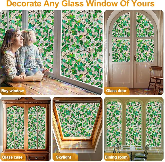 Window Privacy Film Stain Glass Window Film Rainbow Window Film Window clings Non-Adhesive Reusable Decorative for Room (Greenery Leaf, 45.2 x 78.7 in)