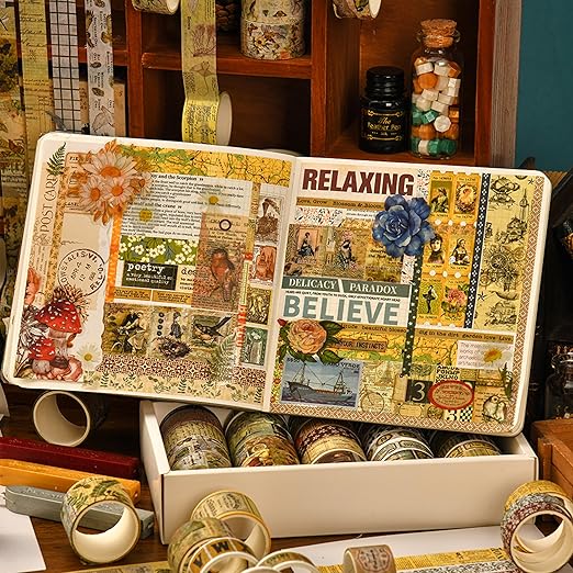 36 Rolls Vintage Washi Tape Pack Retro Arts Adhesive Tapes Wide Chronicle Decorative Masking Tape Sets for Craft, Kids, Scrapbook, DIY, Gift Wrapping (Duke Jorge)