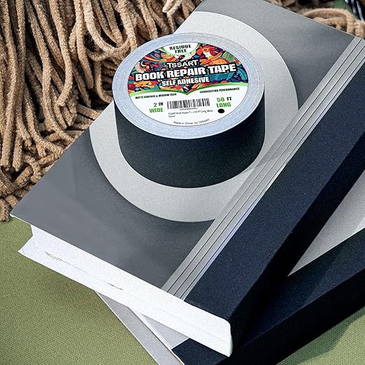 Book Repair Tape - Self Adhesive Matte Book Binding Tape for Reinforcing Protecting, and Covering Mending Books Old Books - 2 Inch Wide x 50 FT Long, Black