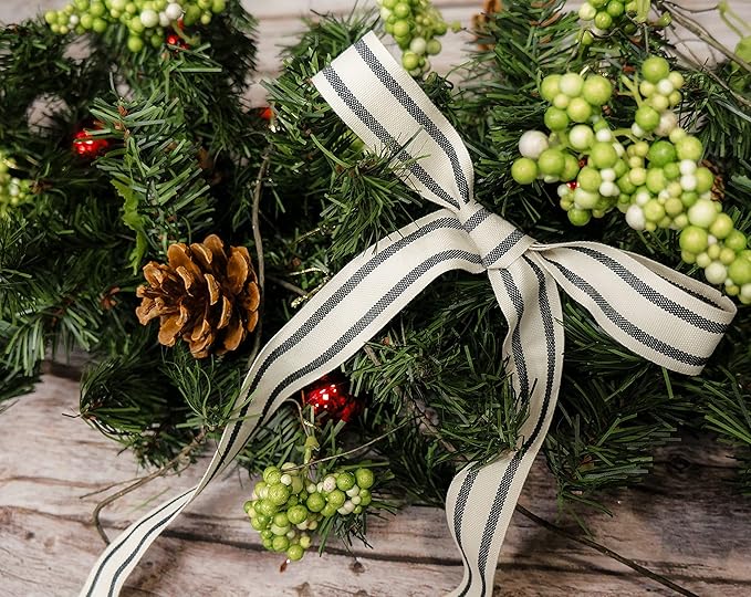 CT CRAFT LLC Ivory Cotton Black Stripes Ribbon 1" x 10 Yards for Home Décor Gift Present Wrapping DIY Crafts Birthday Wedding Bouquet Christmas