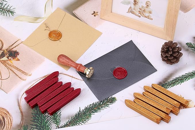 Yoption 12 Pcs Sealing Wax Sticks with Wicks, Antique Wine Red Dark Gold Totem Fire Manuscript Seal Wax for Wax Seal Stamp
