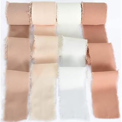 TONIFUL 4 Rolls Silk Chiffon Ribbon, 1-1/2 Inch x 22yds, Beige and Cream Chiffon Ribbons Set, Handmade Fringe Silk Ribbon for Gift Wrapping Bridal Bouquets Wedding Invitations Decoration Crafts