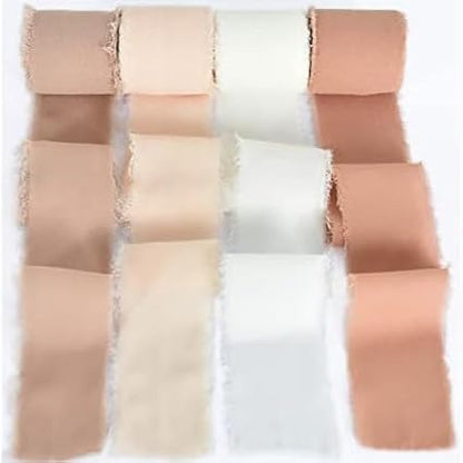 TONIFUL 4 Rolls Silk Chiffon Ribbon, 1-1/2 Inch x 22yds, Beige and Cream Chiffon Ribbons Set, Handmade Fringe Silk Ribbon for Gift Wrapping Bridal Bouquets Wedding Invitations Decoration Crafts