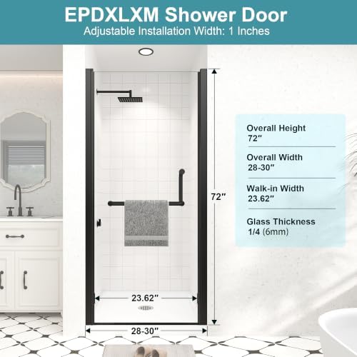 Frameless Pivot Shower Door, 28-30" Wx72 H, 1/4" Matte Black - Image 2
