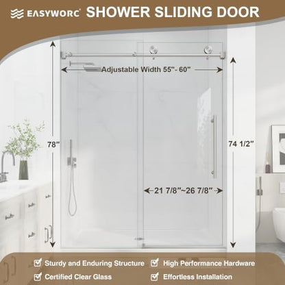 55"-60" W X 78" H Frameless Sliding Shower Doors Brushed Nickel - Image 6