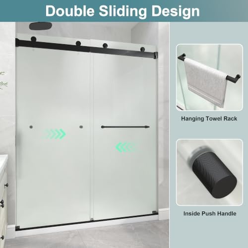 KPUY Frameless Sliding Frosted Shower Door 61-66" x 76", Matte Black - Image 5