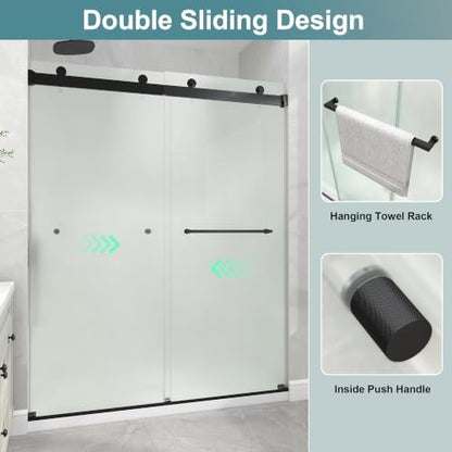 KPUY Frameless Sliding Frosted Shower Door 61-66" x 76", Matte Black - Image 5