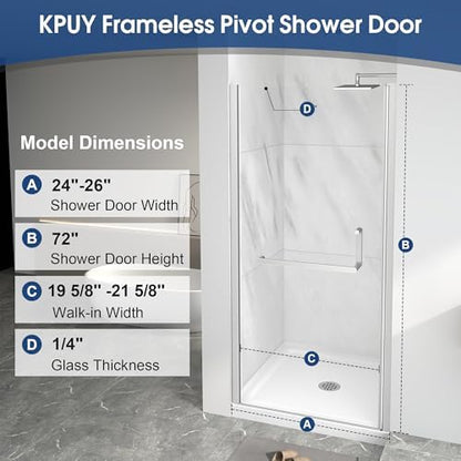 KPUY Frameless Pivot Shower Door 24-26" W x 72" H, Brushed Nickel - Image 4