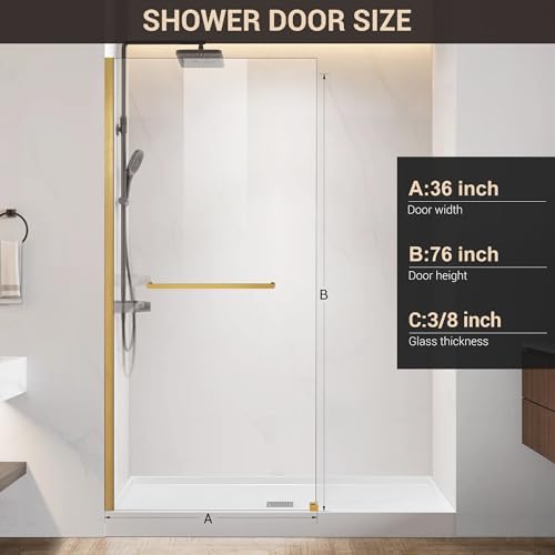 36" W x 76" H Frameless Fixed Glass Shower Door, Brushed Gold - Image 6