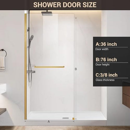 36" W x 76" H Frameless Fixed Glass Shower Door, Brushed Gold - Image 6