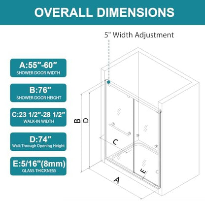 Frameless Double Sliding Frosted Shower Door, 55-60" Wx76 H, 5/16" Nickel - Image 2