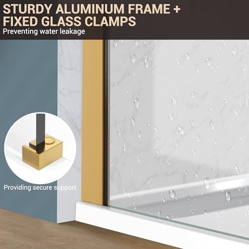 36" W x 76" H Frameless Fixed Glass Shower Door, Brushed Gold - Image 3