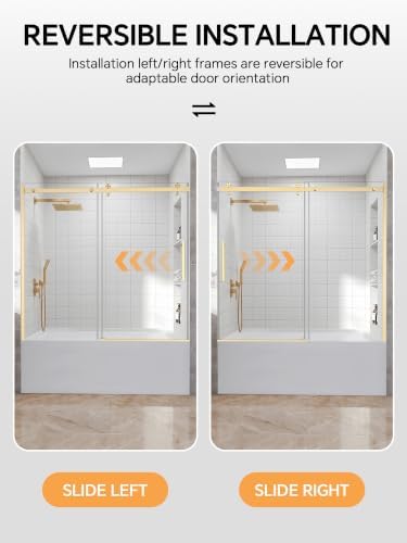 Frameless Bathtub Shower Door 56-60" W x 57" H, Brushed Gold - Image 6
