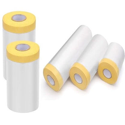 Pre-Taped Masking Film-43inx65ft Tape and Drape Painters Plastic Rolls, Plastic Painting Film for Automotive Painting Covering,Protective Drop Film for Furniture, Car, Floor (6rolls, 43in×65ft)