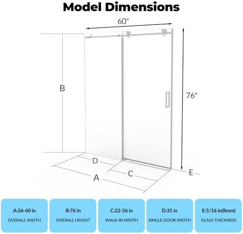 Frameless Sliding Shower Door 56–60 inch W x 76 inch H, Sliding Shower Door - Image 2