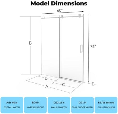 Frameless Sliding Shower Door 56–60 inch W x 76 inch H, Sliding Shower Door - Image 2
