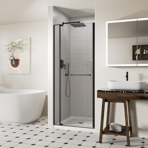 ACE DECOR 28-32" W x 72" H Frameless Pivot Glass Shower Door, Matte Black by ACEDECOR