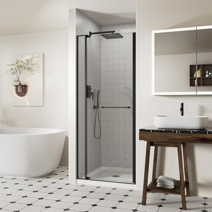 ACE DECOR 28-32" W x 72" H Frameless Pivot Glass Shower Door, Matte Black by ACEDECOR