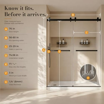 Frameless Stainless Steel Sliding Shower Door, 56-60" W x 76" H - Image 2
