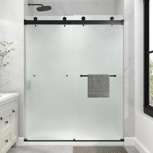 KPUY Frameless Sliding Frosted Shower Door 61-66" x 76", Matte Black by KPUY