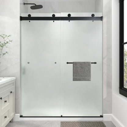 KPUY Frameless Sliding Frosted Shower Door 61-66" x 76", Matte Black by KPUY