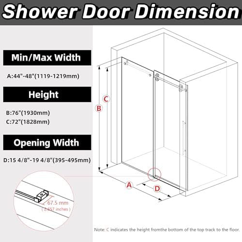 Sunrosa Frameless Sliding Shower Door 44-48" W x 76" H, Matte Black - Image 6