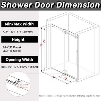 Sunrosa Frameless Sliding Shower Door 44-48" W x 76" H, Matte Black - Image 6