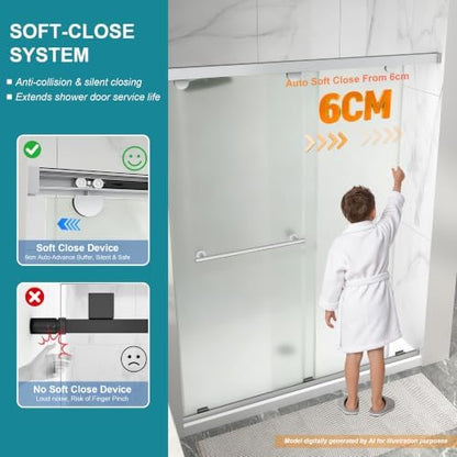 Frameless Double Sliding Frosted Shower Door, 55-60" Wx76 H, 5/16" Nickel - Image 3