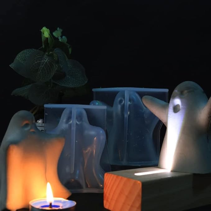 Silicone Candle Molds Set, 2 Pieces Ghost Halloween Molds and 20 Pieces Candle Wick, Horror Skull Handmade Soap Gypsum Mould for Scented Candle Making Home Decoration Supplies