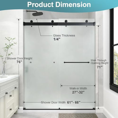 KPUY Frameless Sliding Frosted Shower Door 61-66" x 76", Matte Black - Image 2