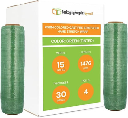 PSBM Green Stretch Wrap, 15 Inch x 1476 Feet, 4 Pack, Tinted Pre-Stretched Shrink Wrap Film for Moving, Packaging, Pallet Wrapping