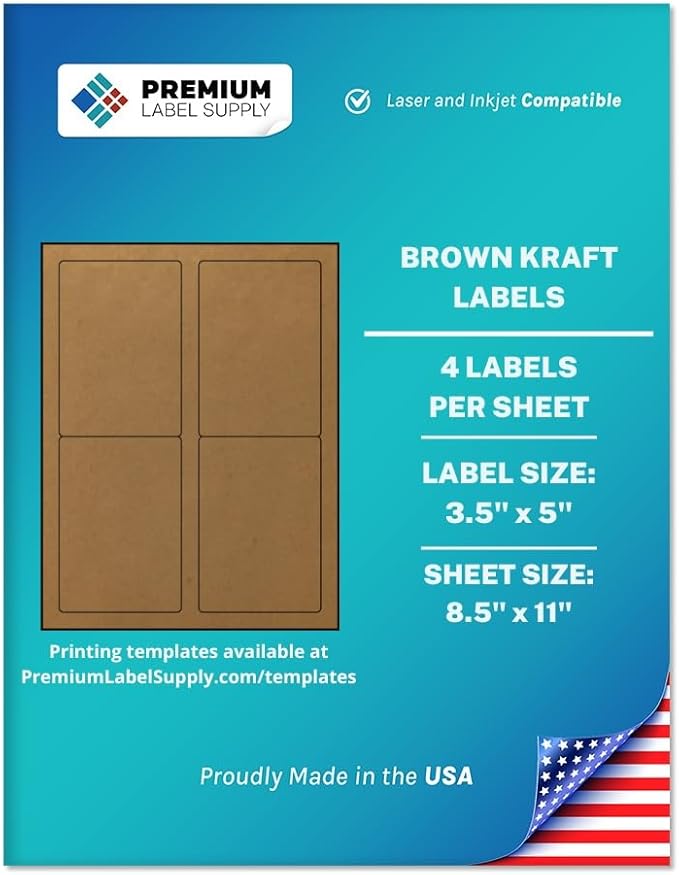 Premium Label Supply Brown Kraft Sticker Labels – 3.5" x 5" – Laser/Inkjet Compatible – (4 per Sheet), 500 Sheets – 2,000 Total Adhesive Labels