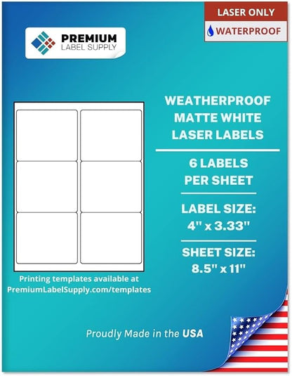 Premium Label Supply Waterproof Matte White Sticker Labels – 4" x 3.33" – Laser Printers Only – (6 per Sheet), 25 Sheets - 150 Total Adhesive Labels