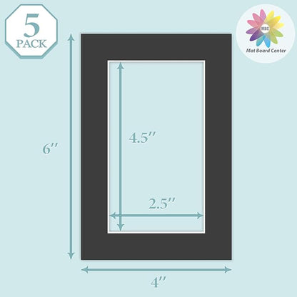 MBC MAT BOARD CENTER, 5 Pack 4x6 for 3x5 Black Picture Mats Frame Mattes, Bevel Cut, Acid Free, 4-ply Thickness