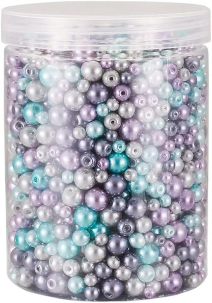 About 1840Pcs 4/6/8mm Glass Pearl Beads Pearlized Beads Multi Colors Round Spacer Beads for DIY Craft Jewelry Making Hole: 1mm, Mixed Purple & Grey & Turquoise