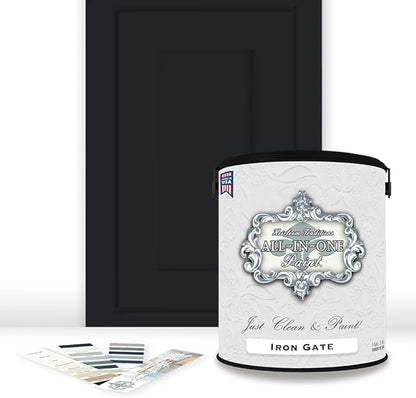 ALL-IN-ONE Paint, Durable cabinet and furniture paint. Built in primer and top coat, no sanding needed. Includes our 30 featured color card - Iron Gate (black), Gallon