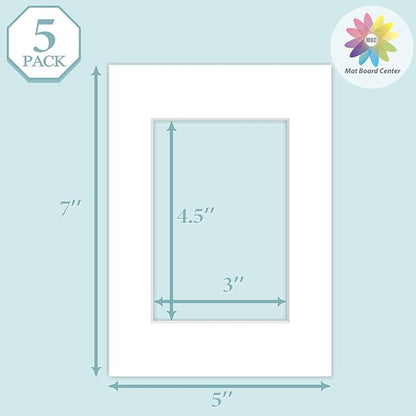MBC Mat Board Center, 5 Pack 5x7 for 3.5x5 White Picture Mats Frame Mattes, Bevel Cut, Acid Free, 4-ply Thickness