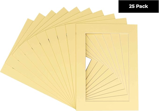 5x7 Mat for 8.5x11 Frame - Precut Mat Board Acid-Free Soft Yellow 5x7 Photo Matte For a 8.5x11 Picture Frame, Premium Matboard for Family Photos, Show Kits, Art, Picture Framing, Pack of 25 Mats